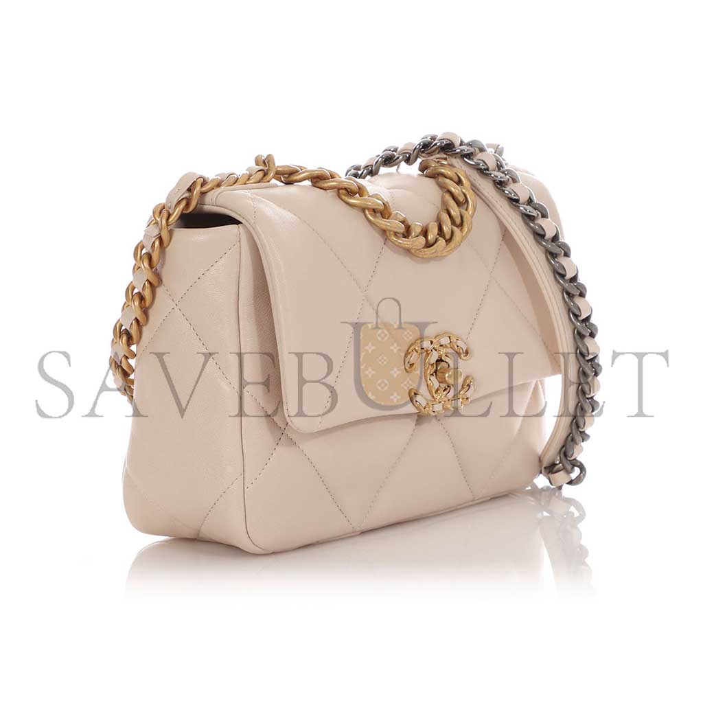 Ch*el ecru quilted lambskin Ch*el 19 flap bag mixed hardware as1160 (26*16*9cm)